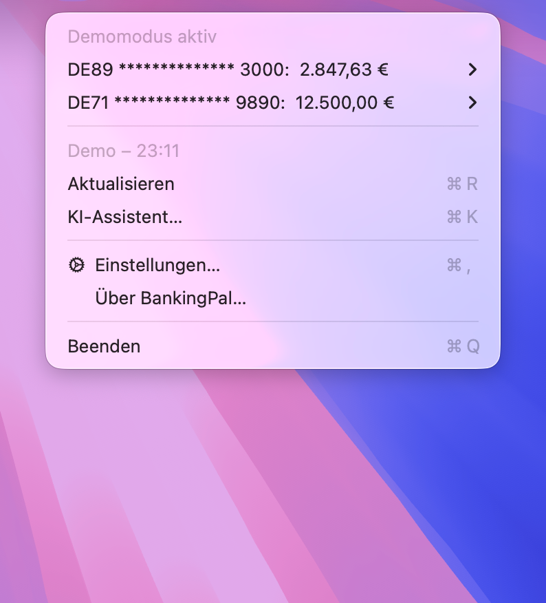 BankingPal Menubar-Ansicht mit Kontosalden